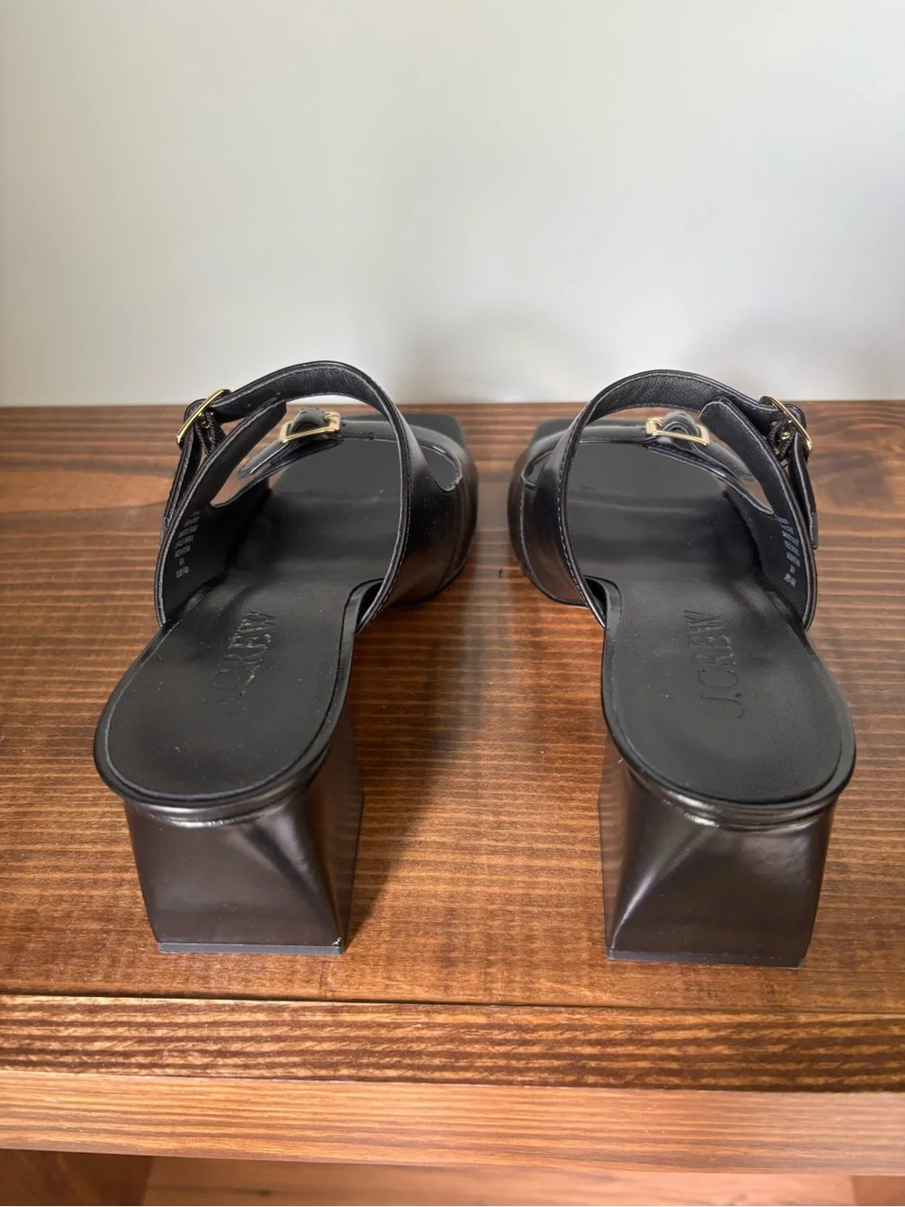 J. Crew Black Leather Double-Buckle Square-Toe Mules